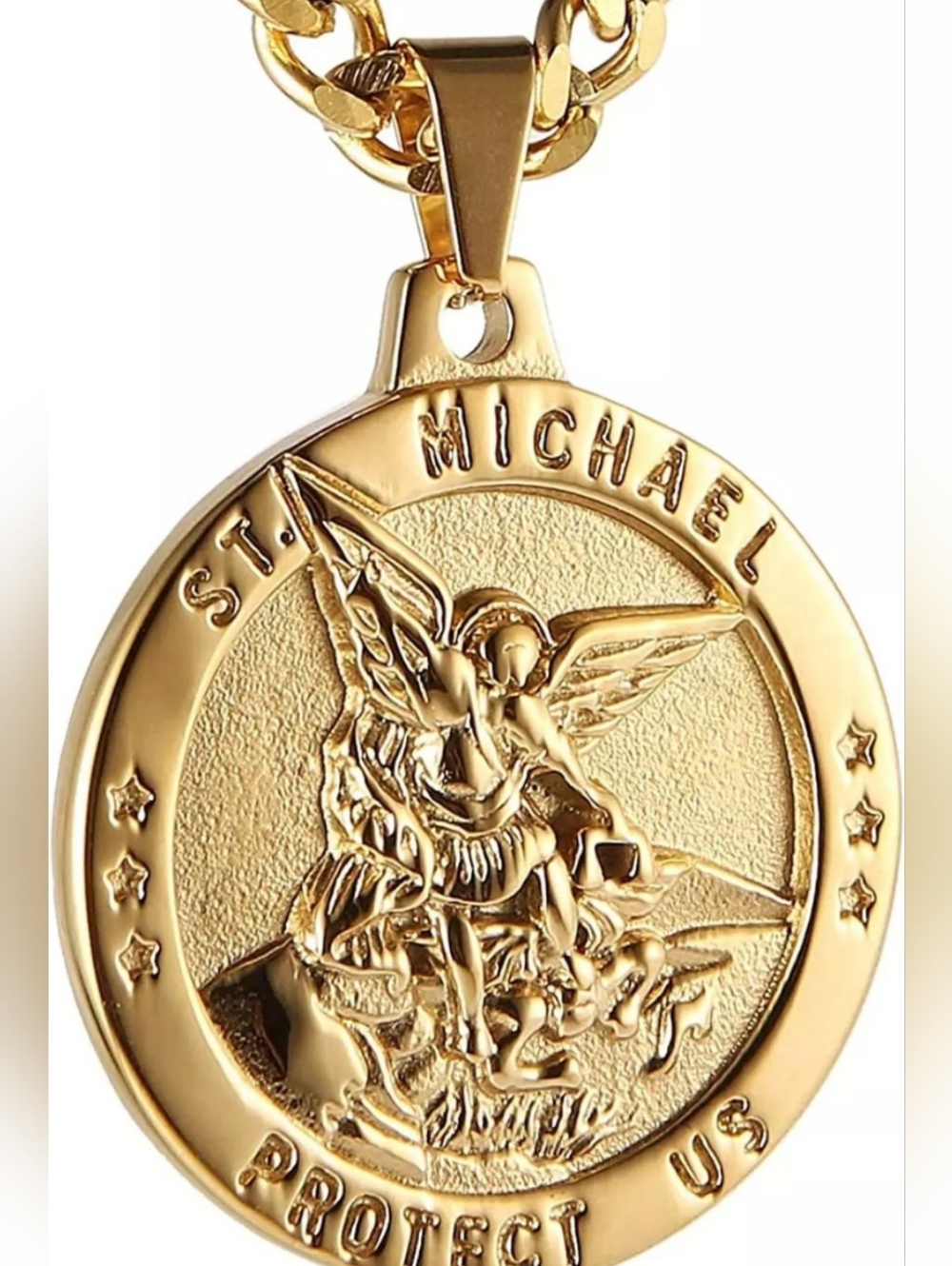 St Michael the Archangel Catholic Medal Amulet Pendant Necklace Rolo Curb Gold-1